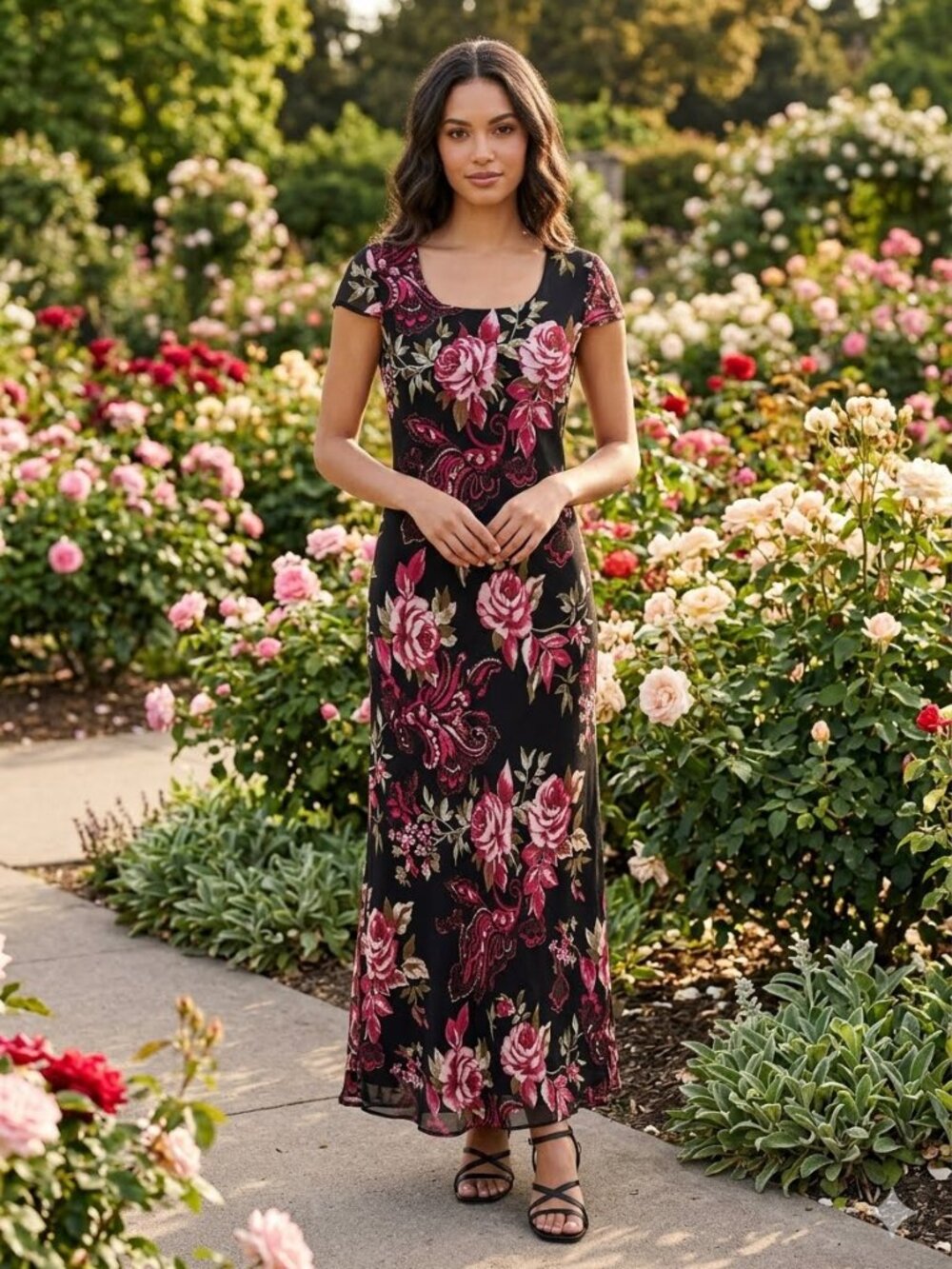 Jessica Black and Pink Floral Maxi Dress